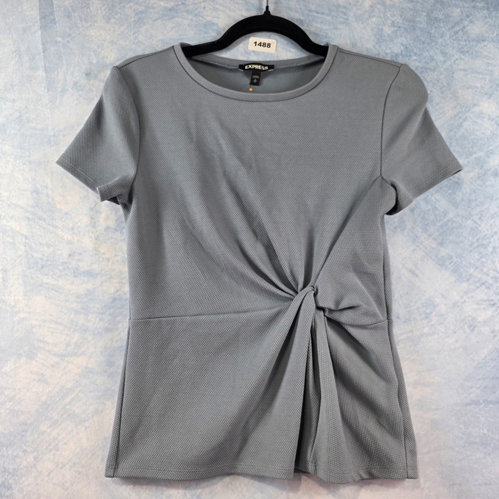 Express‎ Women Grey Twist Front Peplum Top Short Sleeve Textured Knit Small